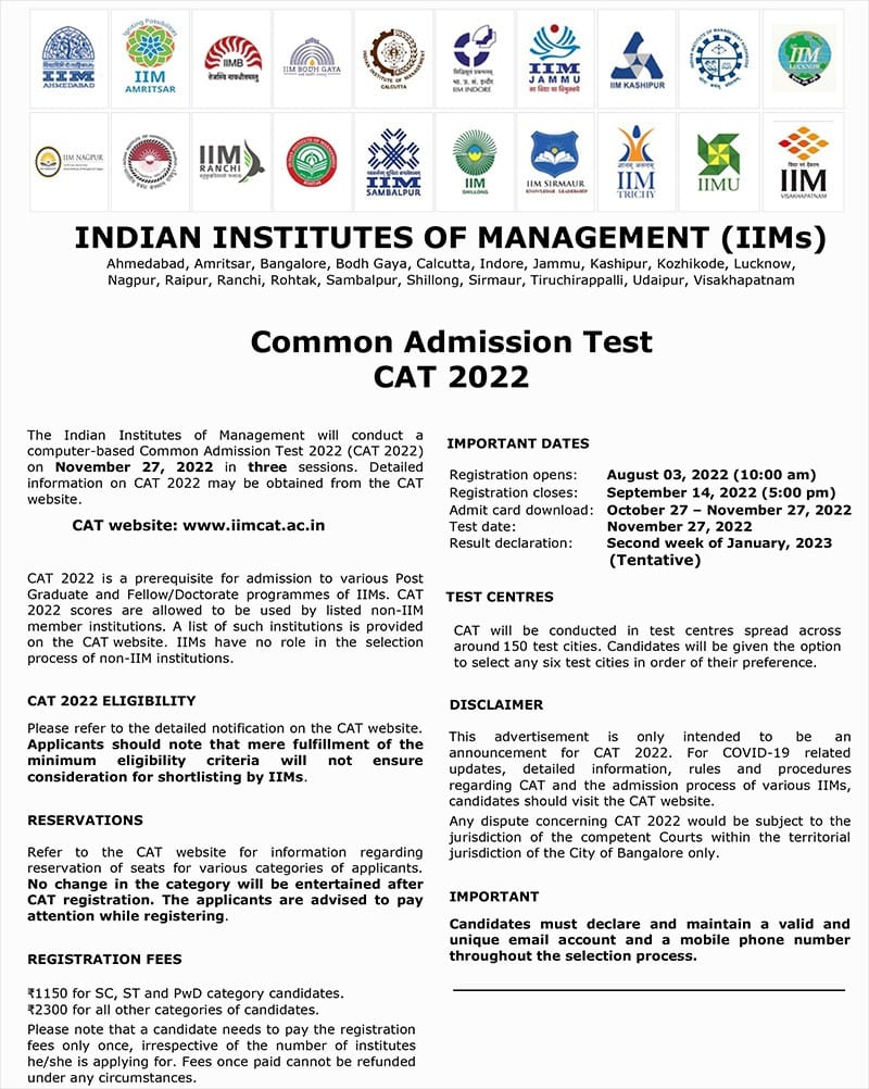 cat 2022 notification exam out
